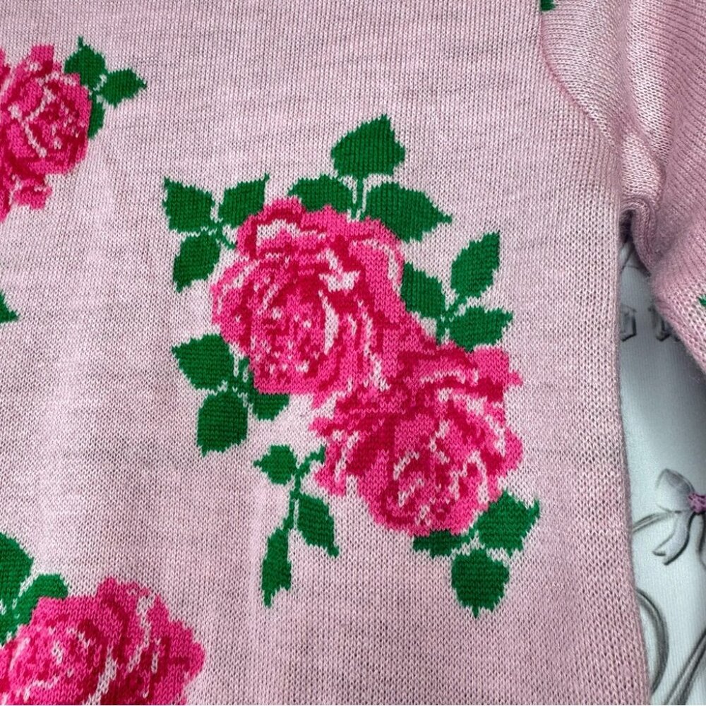 612 league sweater roses knit wool pink green luxe crew neck pull over flowers - Picture 3 of 11